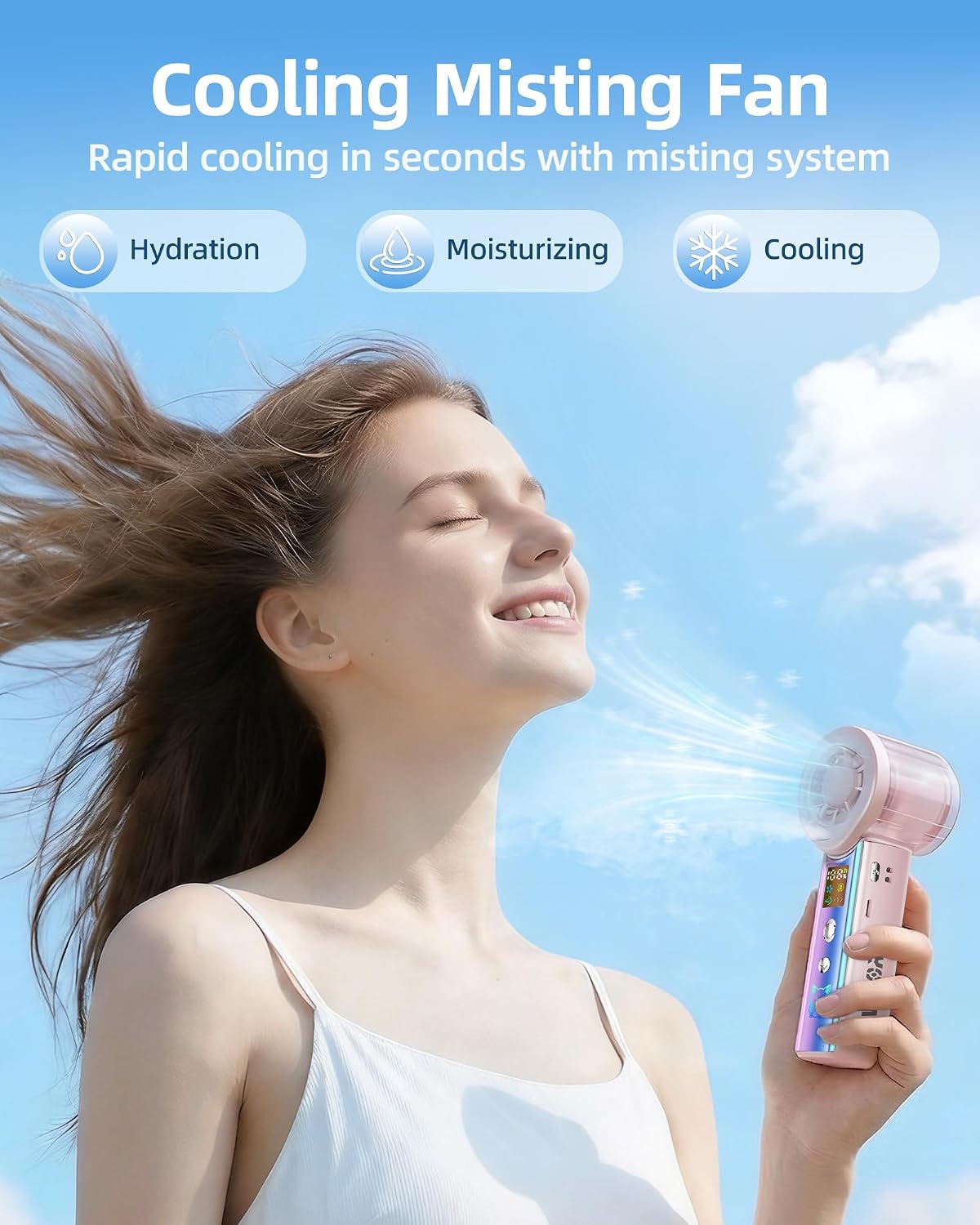 Portable Handheld Fan with Cooling Mist, 30000 RPM High Speed Turbo Personal Fan with Adjustable Speeds, 3000mAh Rechargeable Mini Misting Fan with LED Display for Travel Outdoor Makeup, Pink