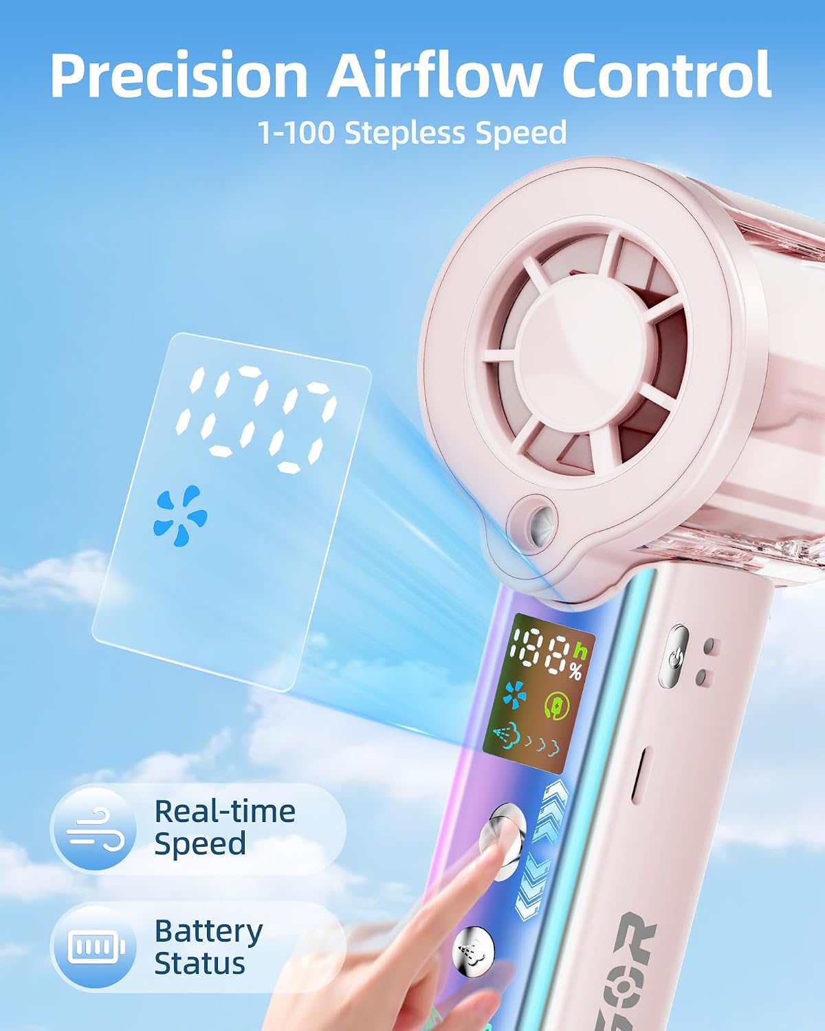 Portable Handheld Fan with Cooling Mist, 30000 RPM High Speed Turbo Personal Fan with Adjustable Speeds, 3000mAh Rechargeable Mini Misting Fan with LED Display for Travel Outdoor Makeup, Pink