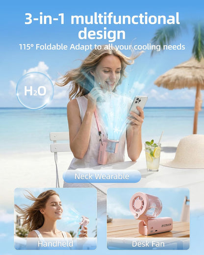 Portable Handheld Fan with Cooling Mist, 30000 RPM High Speed Turbo Personal Fan with Adjustable Speeds, 3000mAh Rechargeable Mini Misting Fan with LED Display for Travel Outdoor Makeup, Pink