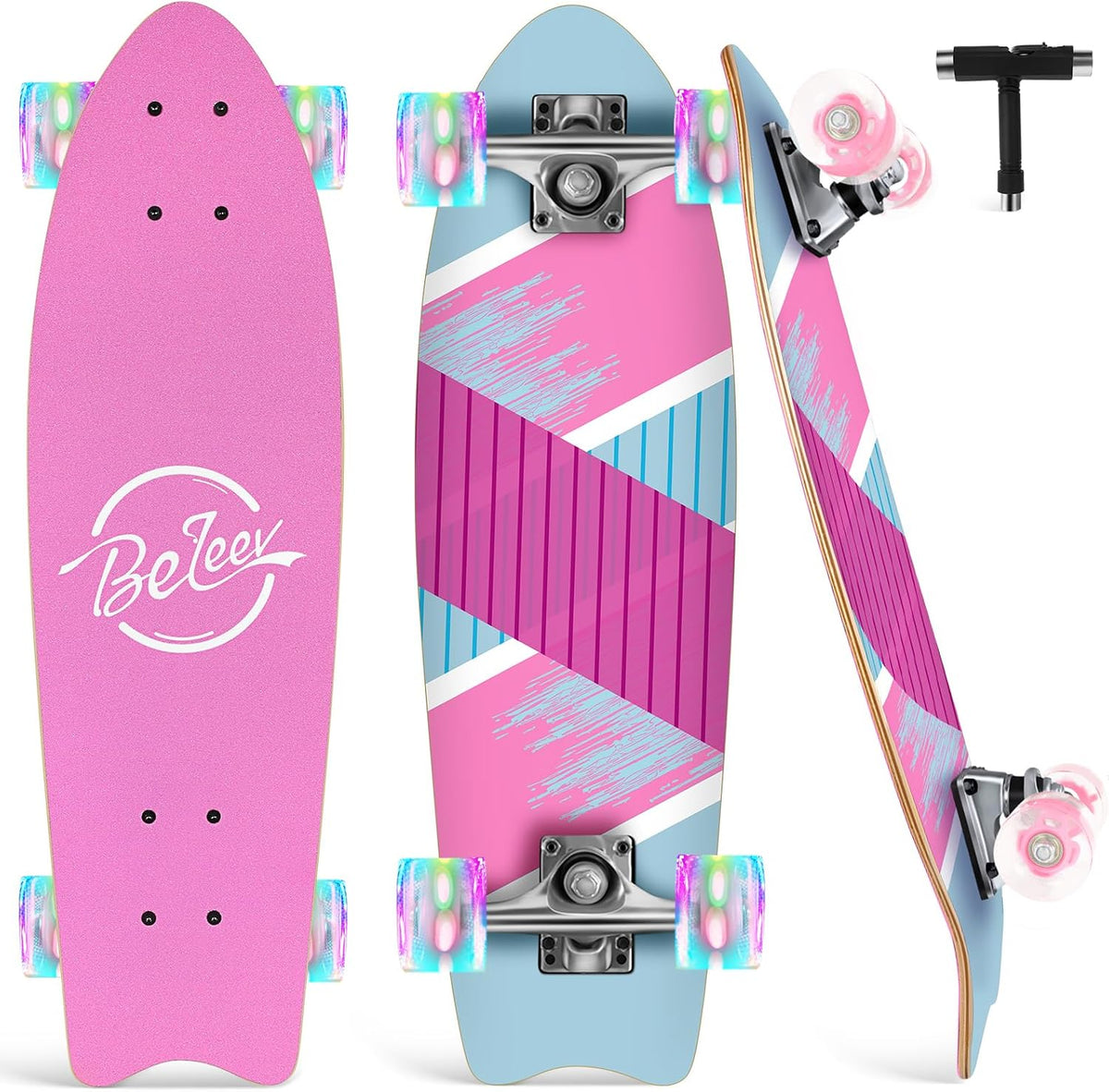 Cruiser Skateboards for Beginners, 27 x 8 inch Complete Skateboard for Kids Teens Adults, 7 Ply Canadian Maple Double Kick Deck Concave Skateboard with Skate T-Tool