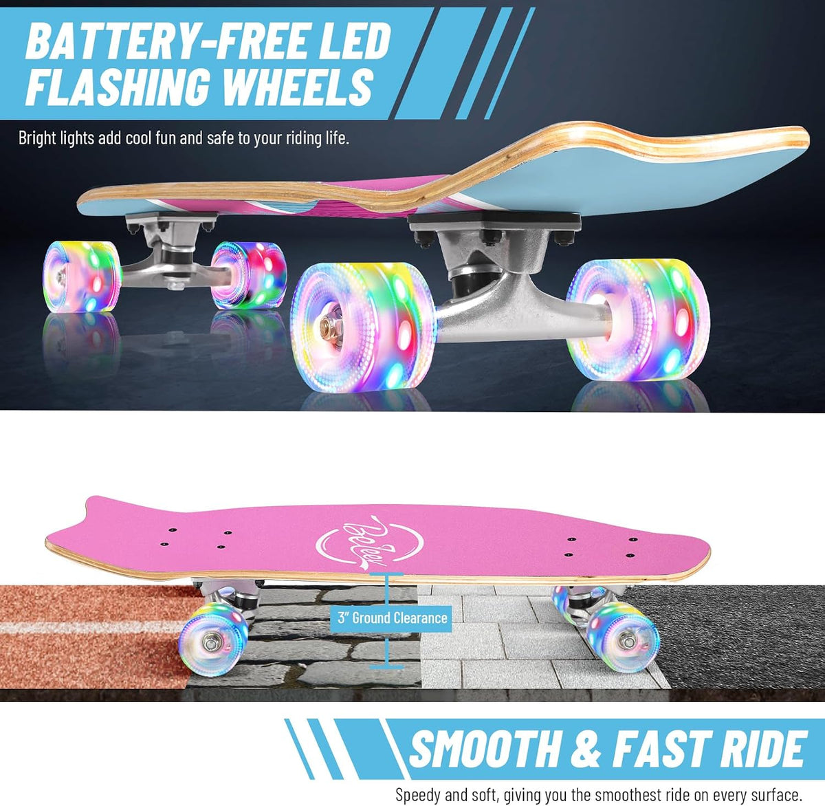 Cruiser Skateboards for Beginners, 27 x 8 inch Complete Skateboard for Kids Teens Adults, 7 Ply Canadian Maple Double Kick Deck Concave Skateboard with Skate T-Tool