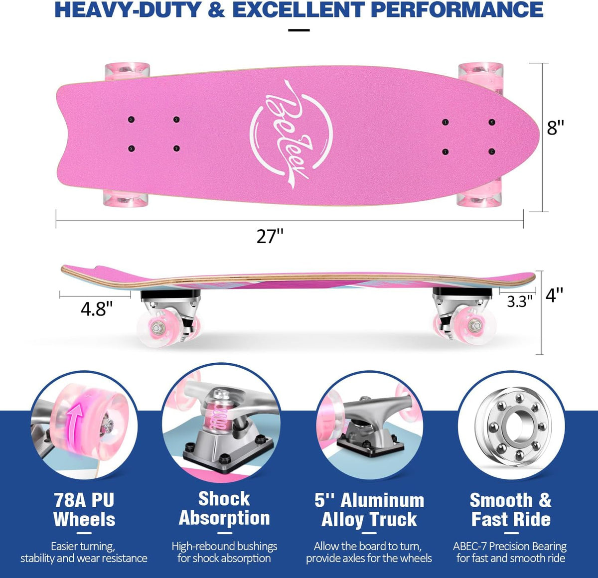 Cruiser Skateboards for Beginners, 27 x 8 inch Complete Skateboard for Kids Teens Adults, 7 Ply Canadian Maple Double Kick Deck Concave Skateboard with Skate T-Tool