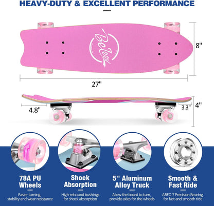 Cruiser Skateboards for Beginners, 27 x 8 inch Complete Skateboard for Kids Teens Adults, 7 Ply Canadian Maple Double Kick Deck Concave Skateboard with Skate T-Tool