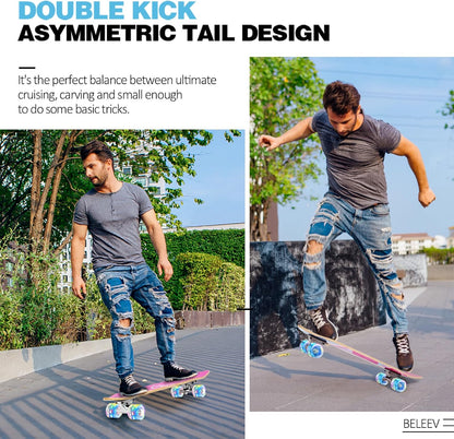 Cruiser Skateboards for Beginners, 27 x 8 inch Complete Skateboard for Kids Teens Adults, 7 Ply Canadian Maple Double Kick Deck Concave Skateboard with Skate T-Tool
