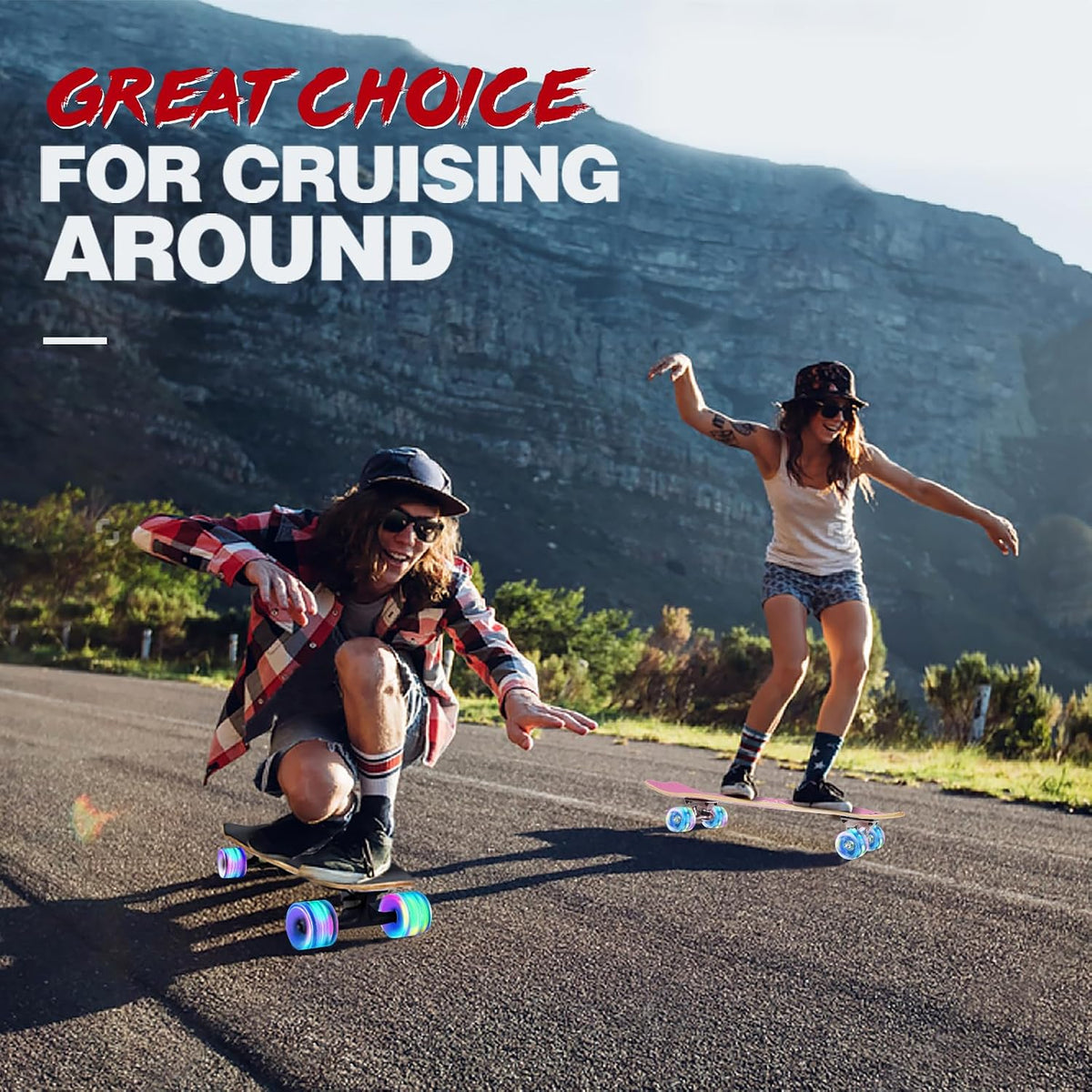 Cruiser Skateboards for Beginners, 27 x 8 inch Complete Skateboard for Kids Teens Adults, 7 Ply Canadian Maple Double Kick Deck Concave Skateboard with Skate T-Tool
