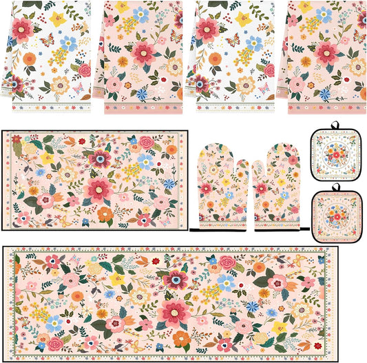 Vintage Floral Kitchen Decor Set 10 Piece, Orange Pink Kitchen Rugs and Mats Non-Slip Oven Mitts and Pot Holders, Towels Retro Pastel Decorations Kitchen Accessories for Home, Housewarming Gift