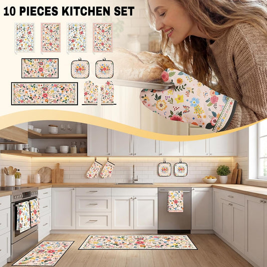 Vintage Floral Kitchen Decor Set 10 Piece, Orange Pink Kitchen Rugs and Mats Non-Slip Oven Mitts and Pot Holders, Towels Retro Pastel Decorations Kitchen Accessories for Home, Housewarming Gift