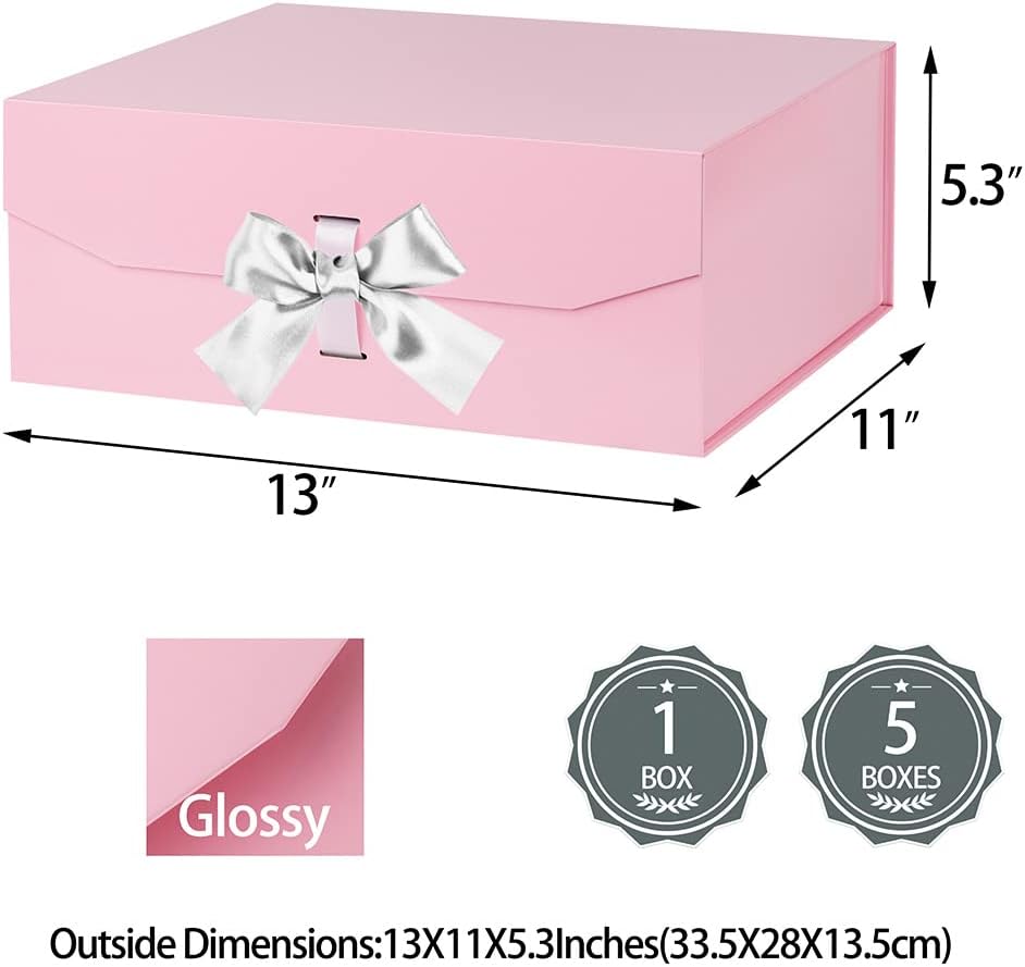 Pink Gift Box Large 13x11x5.3 Inches, Pink Gift Boxes for Presents with Magnetic Closure Lid, Luxury Gift Box Rectangle Collapsible Boxes for Gift Packaging