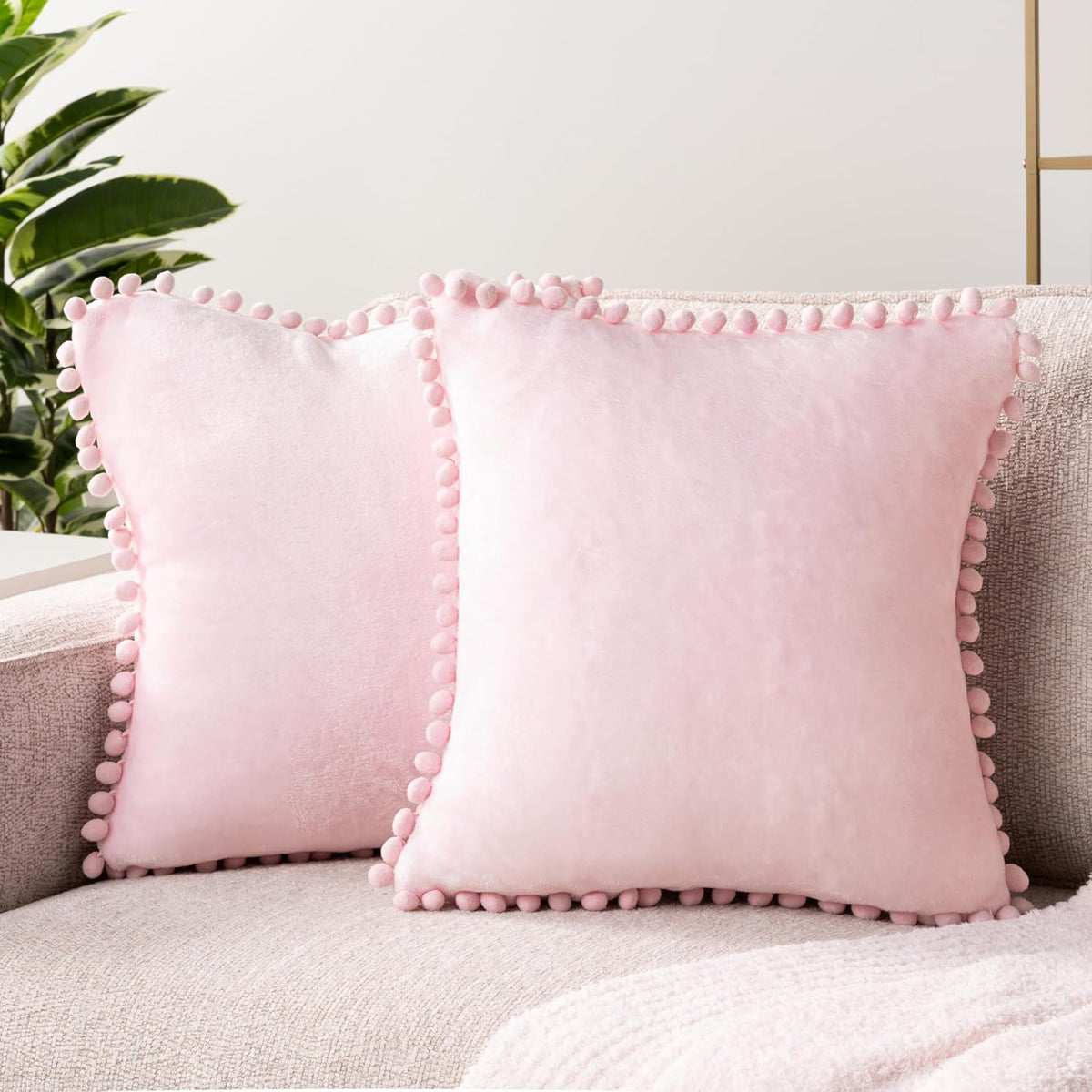 Light Pink Decorative Throw Pillow Covers Pom Pom 18x18 Set of 2