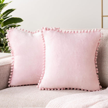 Light Pink Decorative Throw Pillow Covers Pom Pom 18x18 Set of 2
