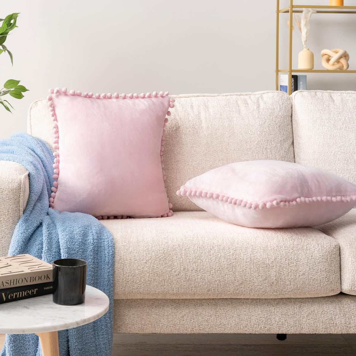 Light Pink Decorative Throw Pillow Covers Pom Pom 18x18 Set of 2