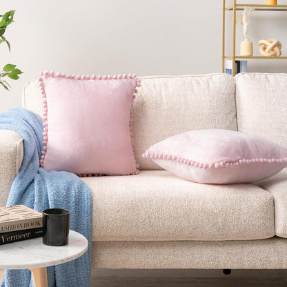 Light Pink Decorative Throw Pillow Covers Pom Pom 18x18 Set of 2
