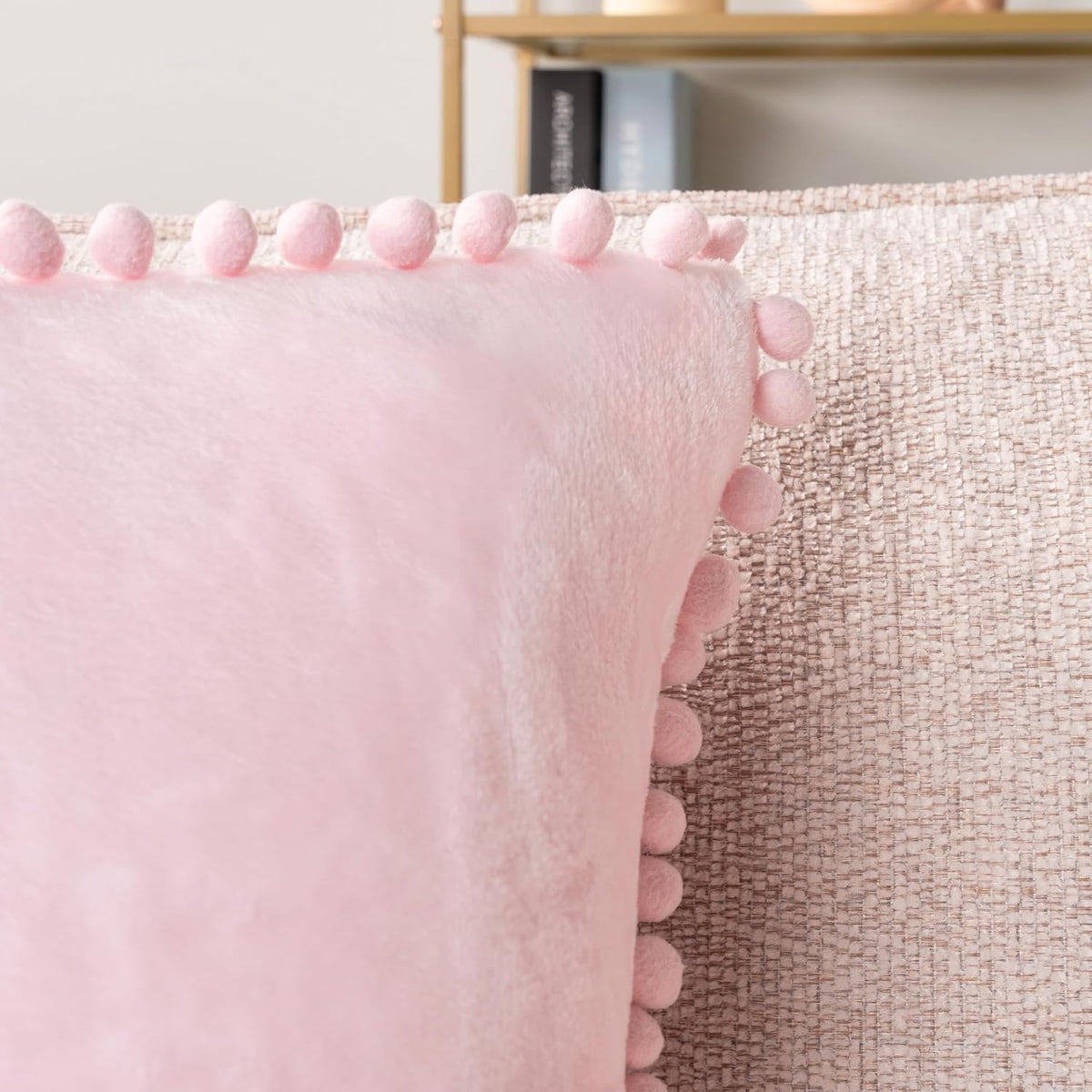 Light Pink Decorative Throw Pillow Covers Pom Pom 18x18 Set of 2
