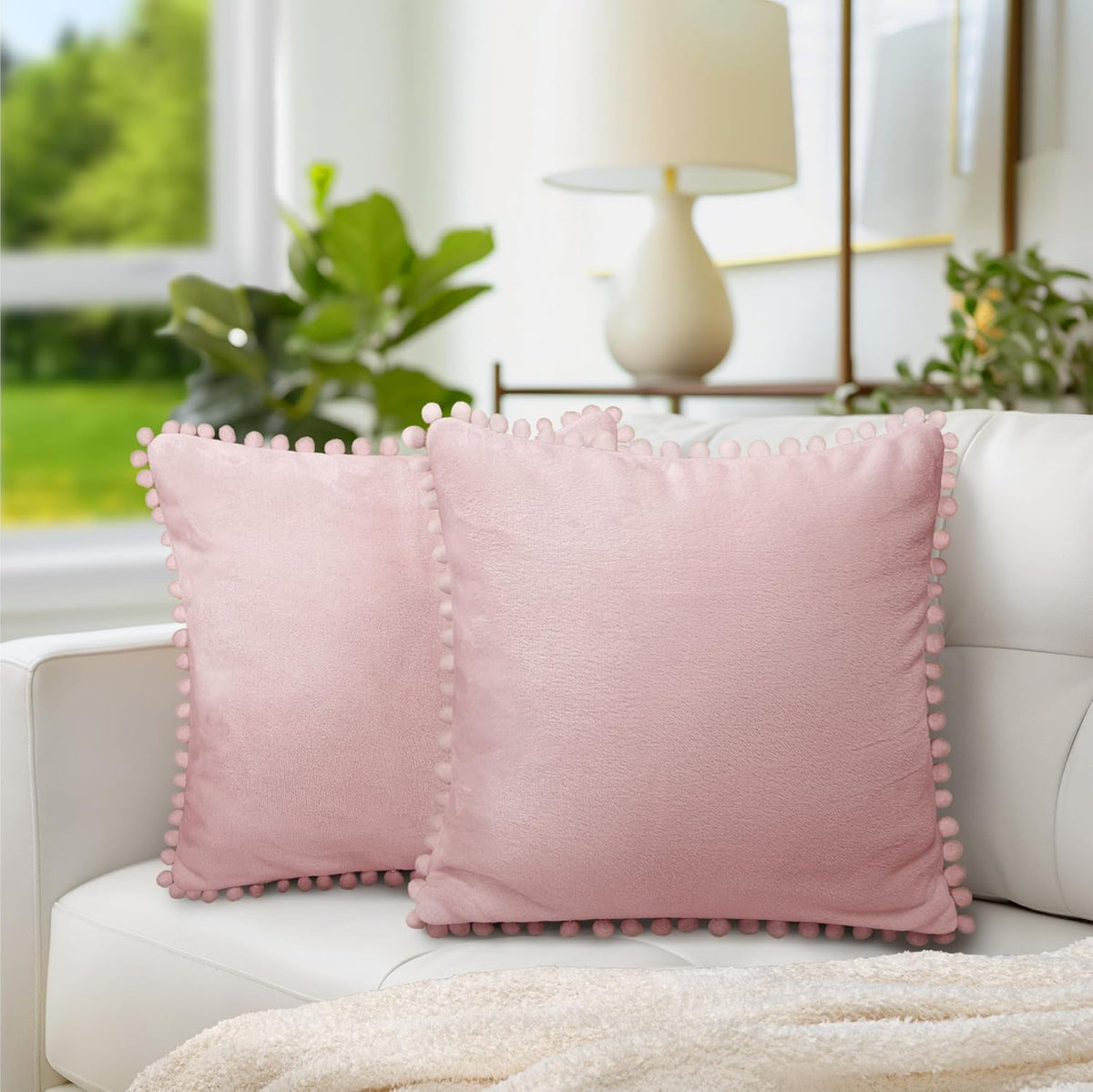 Light Pink Decorative Throw Pillow Covers Pom Pom 18x18 Set of 2