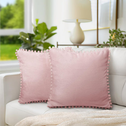 Light Pink Decorative Throw Pillow Covers Pom Pom 18x18 Set of 2