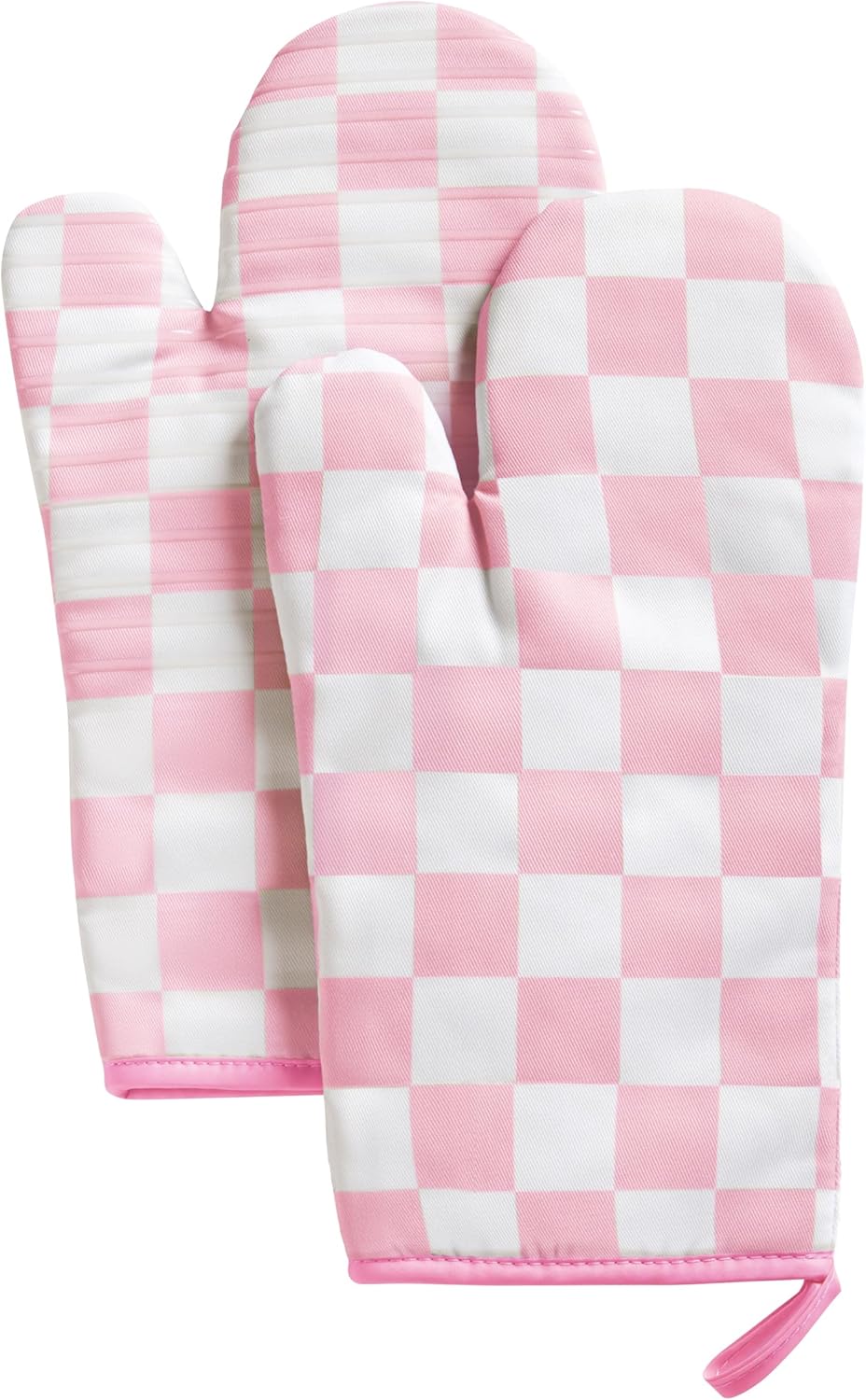 Pink Checkered Oven Mitts Heat Resistant, Vintage Retro Checkerboard Cute Oven Mitts, Non-Slip Silicone Kitchen Gloves 1 Pair 7''x13''