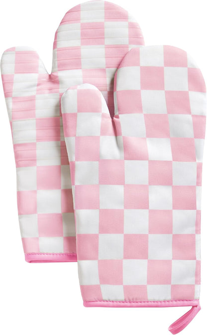 Pink Checkered Oven Mitts Heat Resistant, Vintage Retro Checkerboard Cute Oven Mitts, Non-Slip Silicone Kitchen Gloves 1 Pair 7''x13''