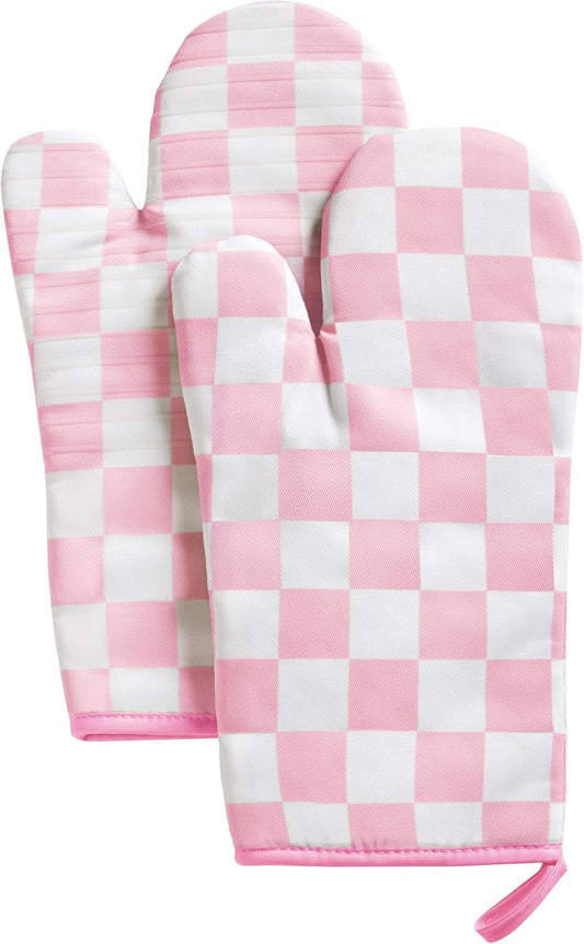 Pink Checkered Oven Mitts Heat Resistant, Vintage Retro Checkerboard Cute Oven Mitts, Non-Slip Silicone Kitchen Gloves 1 Pair 7''x13''