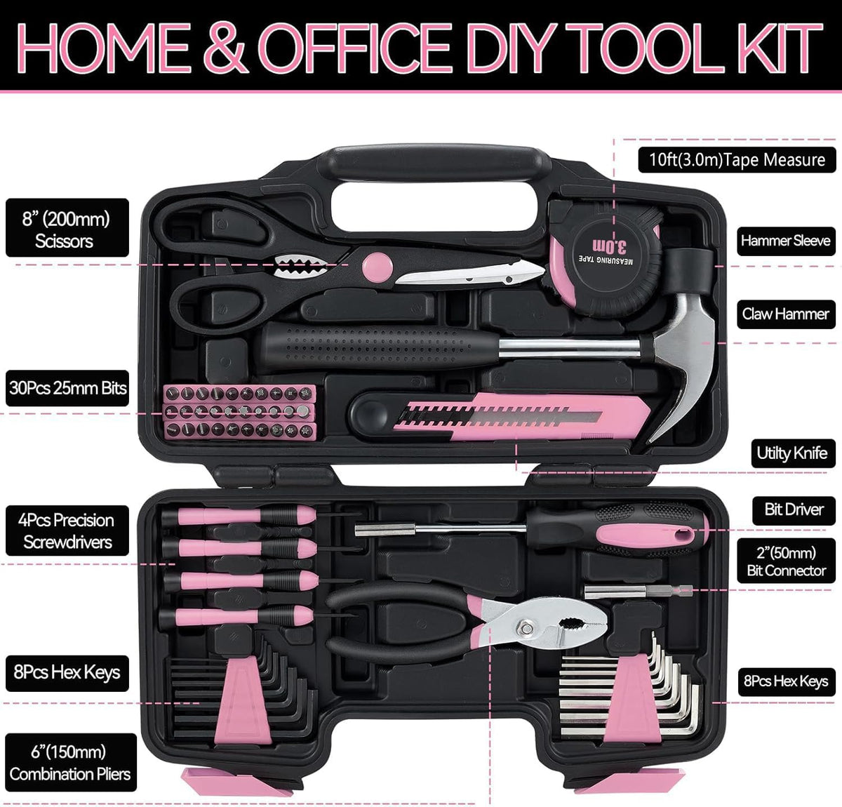 Pink Household Tool Set for Women with Storage Case, 58-Piece