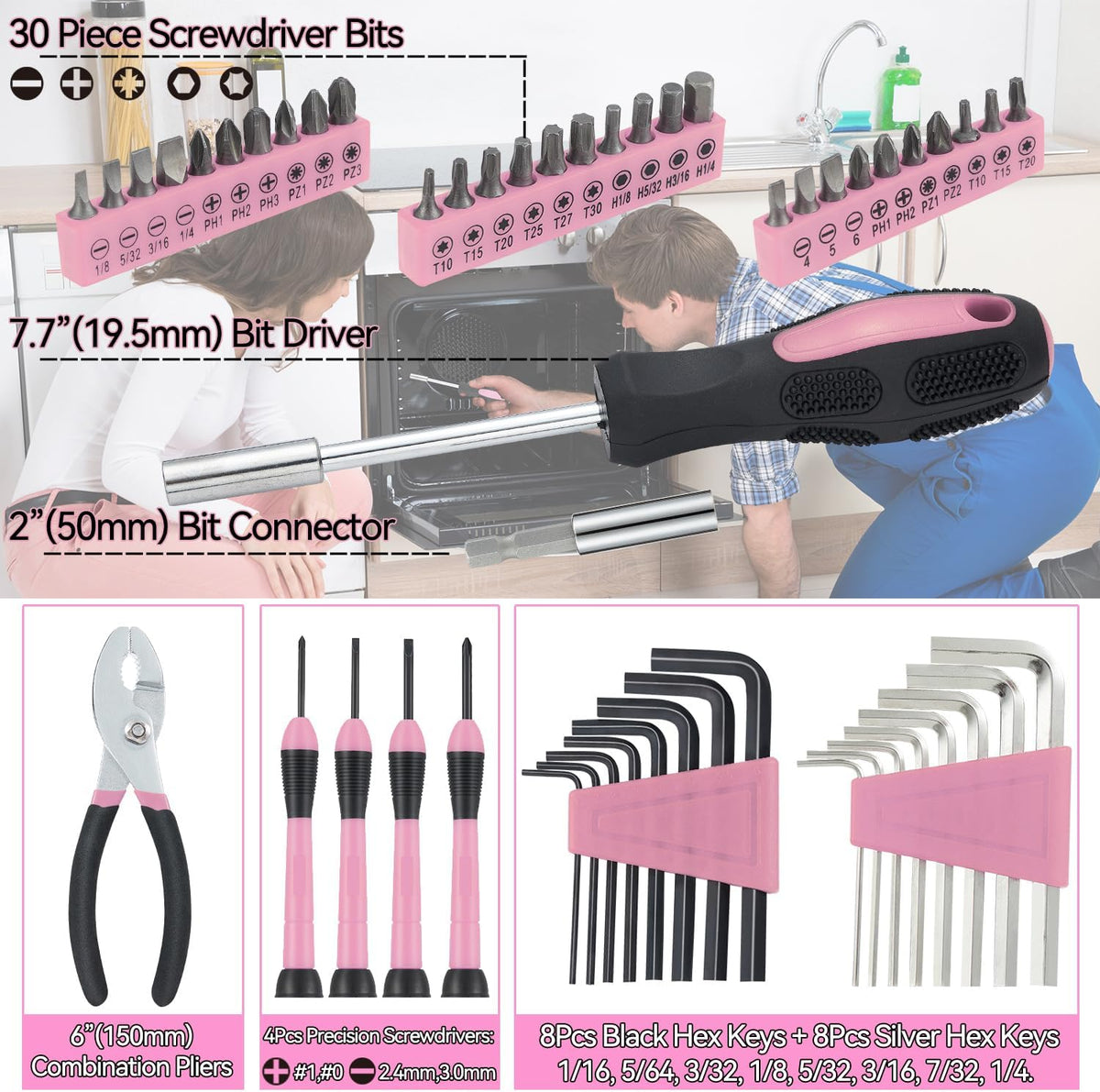 Pink Household Tool Set for Women with Storage Case, 58-Piece