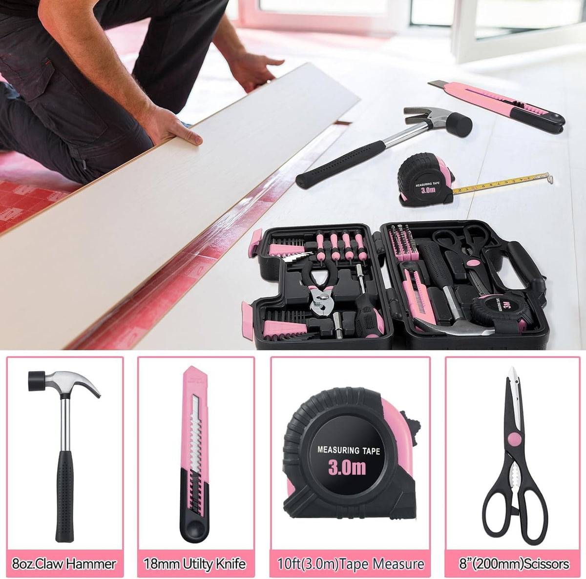 Pink Household Tool Set for Women with Storage Case, 58-Piece