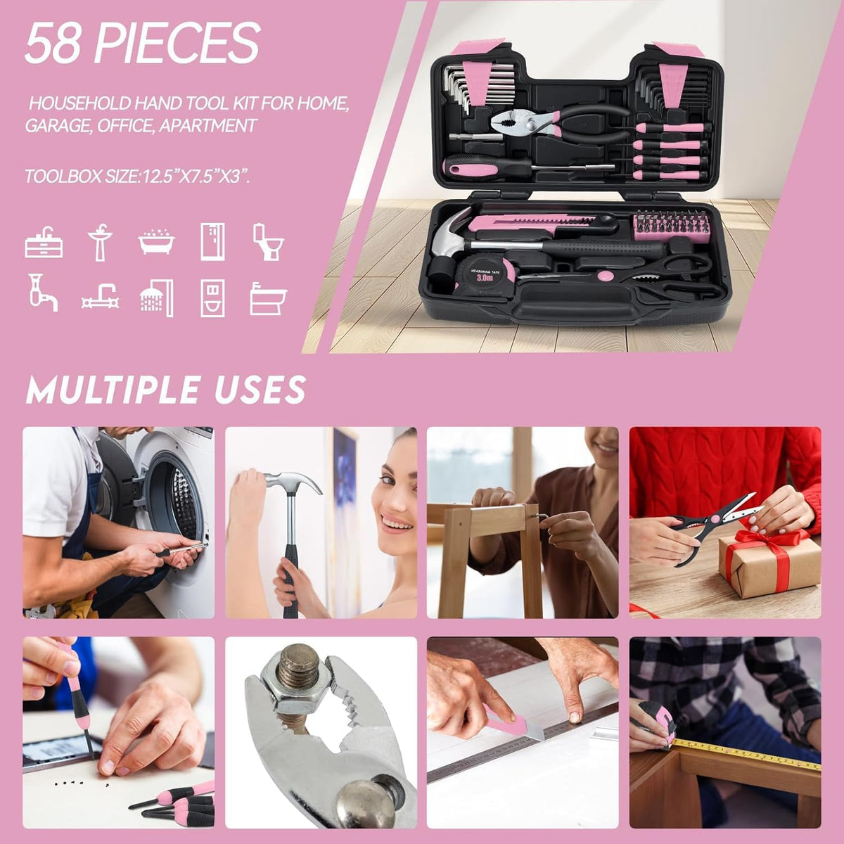 Pink Household Tool Set for Women with Storage Case, 58-Piece