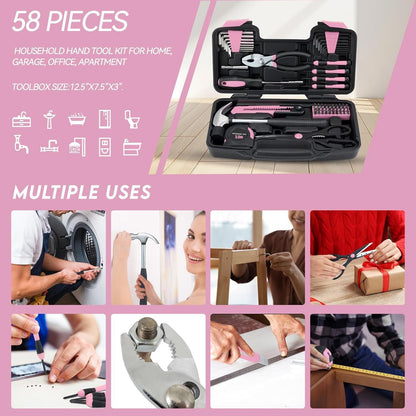 Pink Household Tool Set for Women with Storage Case, 58-Piece