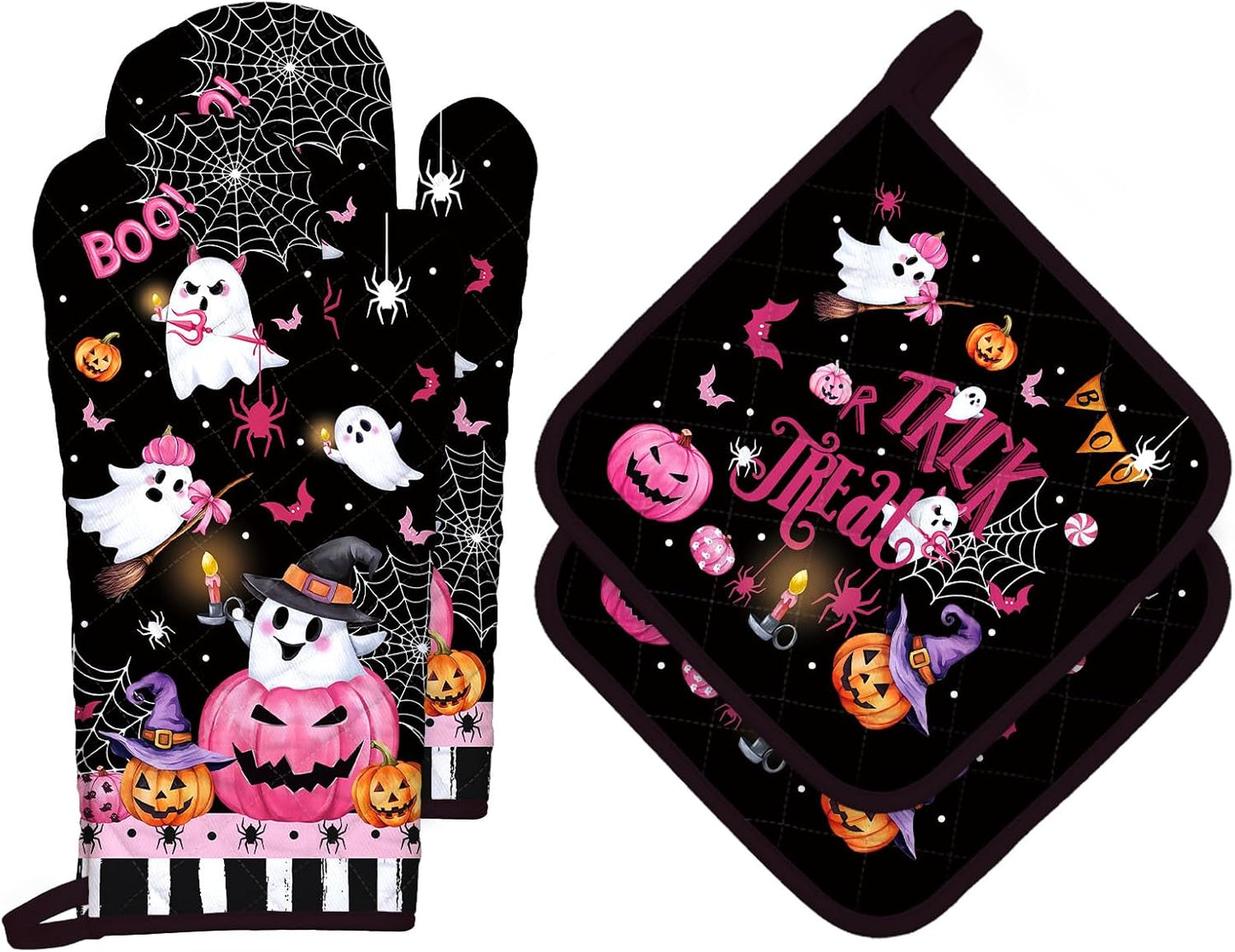 Halloween Boo Pink Pumpkin Oven Mitts and Pot Holders Sets 4Pcs, 100% Cotton Heat Resistant, Extra Long Oven Gloves Potholder for Kitchen Cooking Baking Decoration