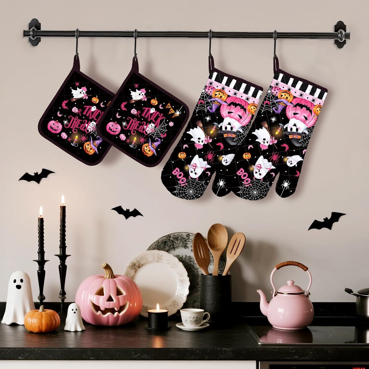 Halloween Boo Pink Pumpkin Oven Mitts and Pot Holders Sets 4Pcs, 100% Cotton Heat Resistant, Extra Long Oven Gloves Potholder for Kitchen Cooking Baking Decoration
