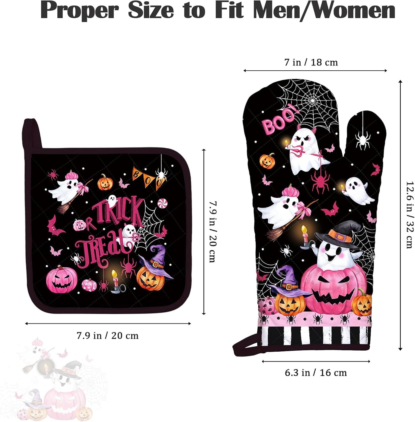 Halloween Boo Pink Pumpkin Oven Mitts and Pot Holders Sets 4Pcs, 100% Cotton Heat Resistant, Extra Long Oven Gloves Potholder for Kitchen Cooking Baking Decoration