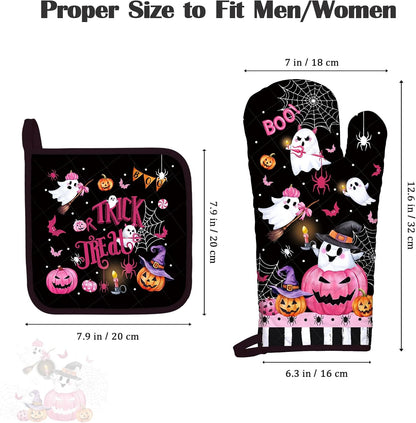 Halloween Boo Pink Pumpkin Oven Mitts and Pot Holders Sets 4Pcs, 100% Cotton Heat Resistant, Extra Long Oven Gloves Potholder for Kitchen Cooking Baking Decoration