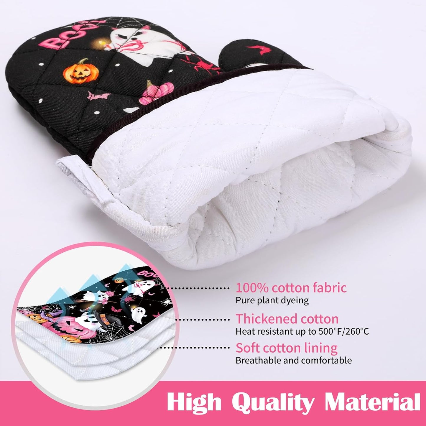 Halloween Boo Pink Pumpkin Oven Mitts and Pot Holders Sets 4Pcs, 100% Cotton Heat Resistant, Extra Long Oven Gloves Potholder for Kitchen Cooking Baking Decoration