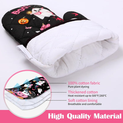 Halloween Boo Pink Pumpkin Oven Mitts and Pot Holders Sets 4Pcs, 100% Cotton Heat Resistant, Extra Long Oven Gloves Potholder for Kitchen Cooking Baking Decoration