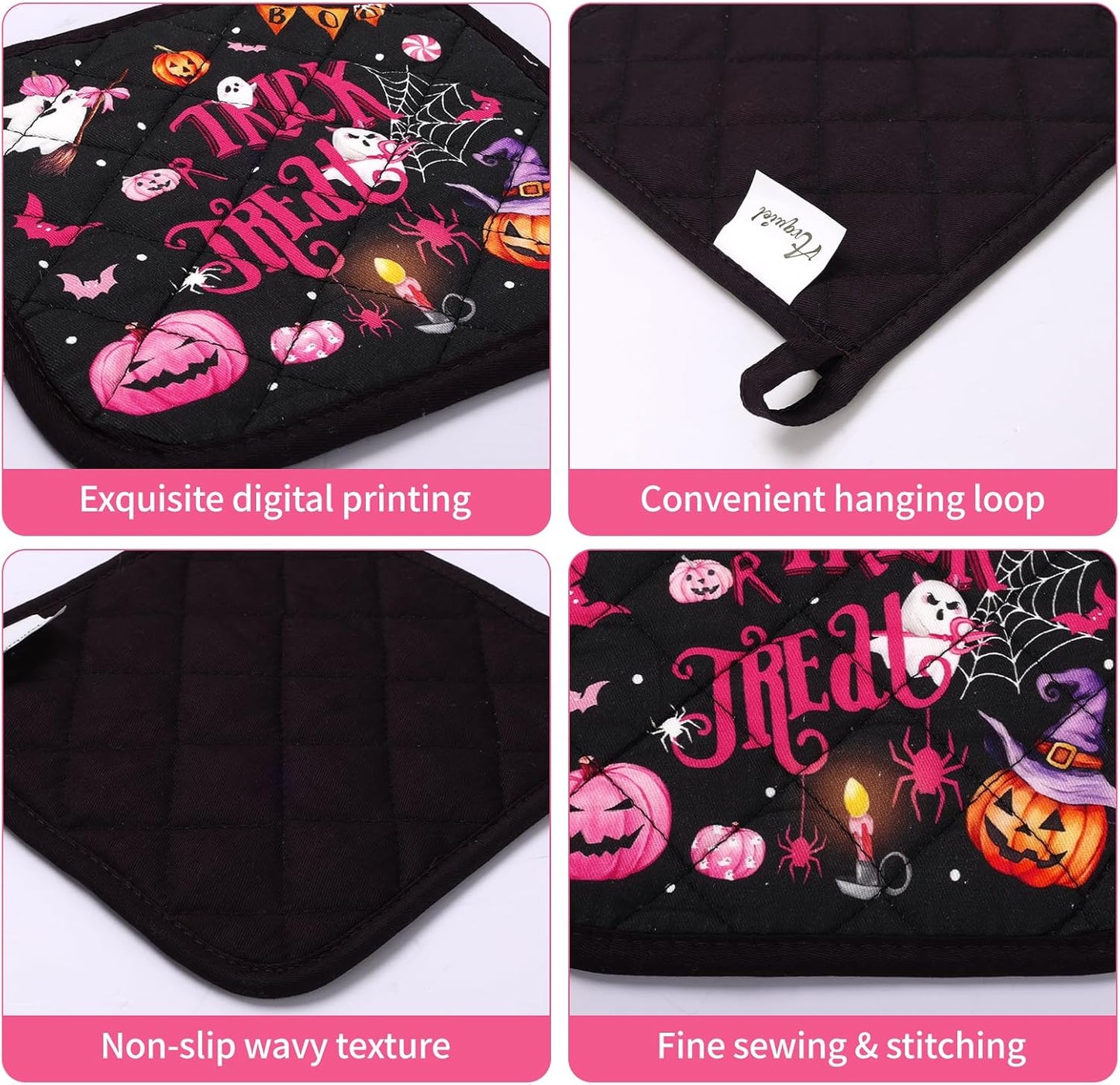 Halloween Boo Pink Pumpkin Oven Mitts and Pot Holders Sets 4Pcs, 100% Cotton Heat Resistant, Extra Long Oven Gloves Potholder for Kitchen Cooking Baking Decoration