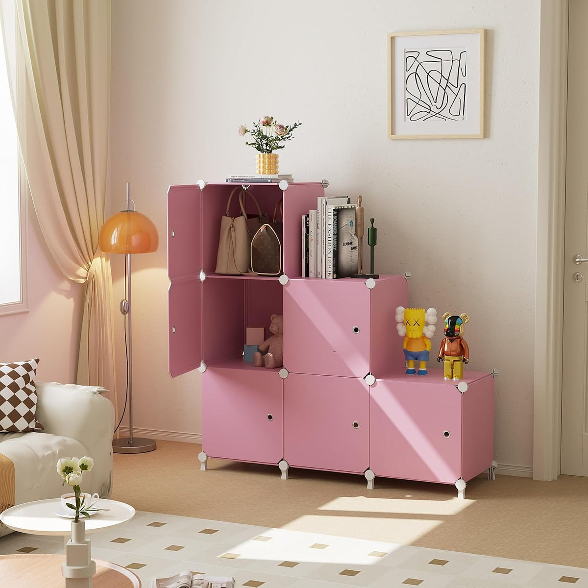 6Cube Storage Organizer Modular Stackable with Doors Pink