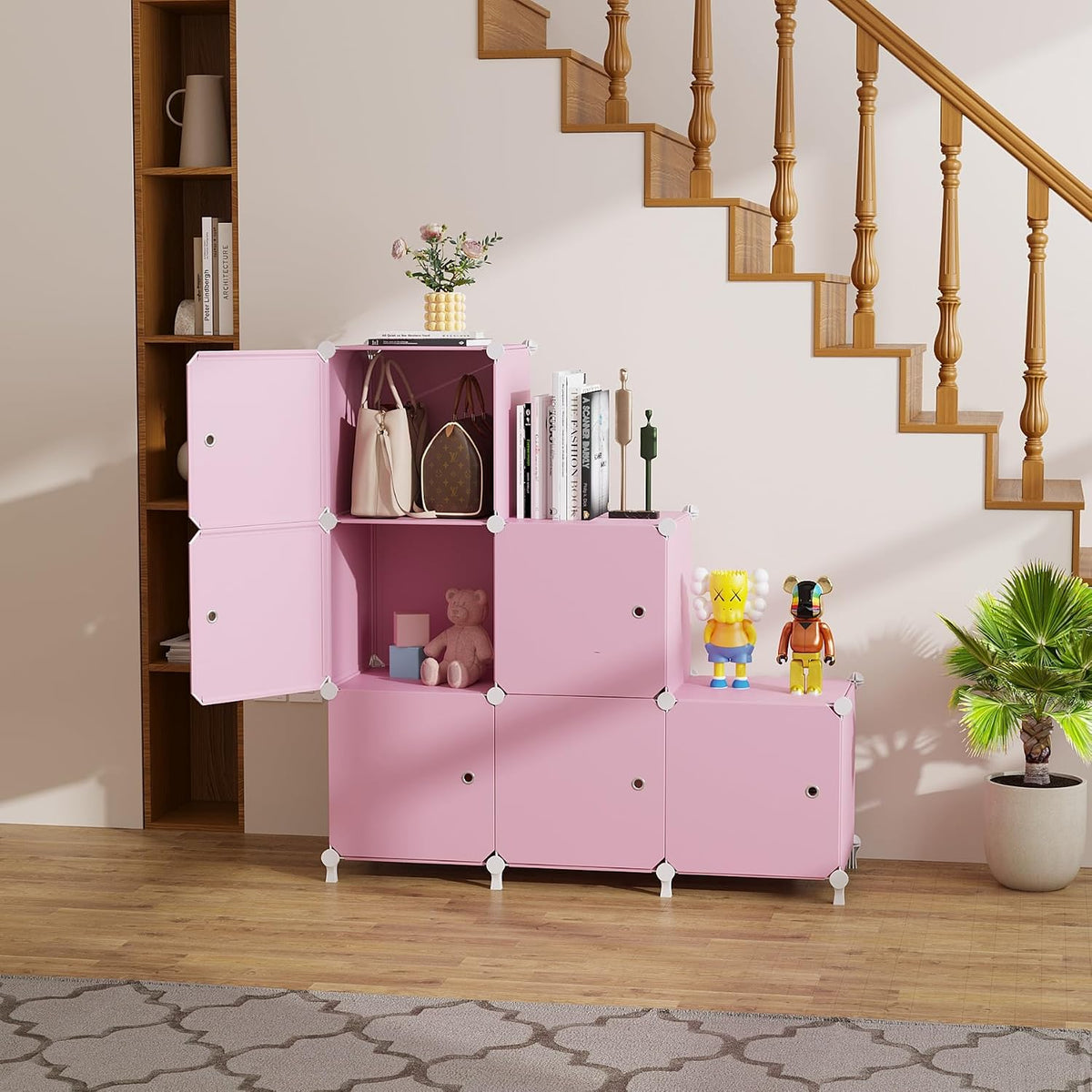6Cube Storage Organizer Modular Stackable with Doors Pink