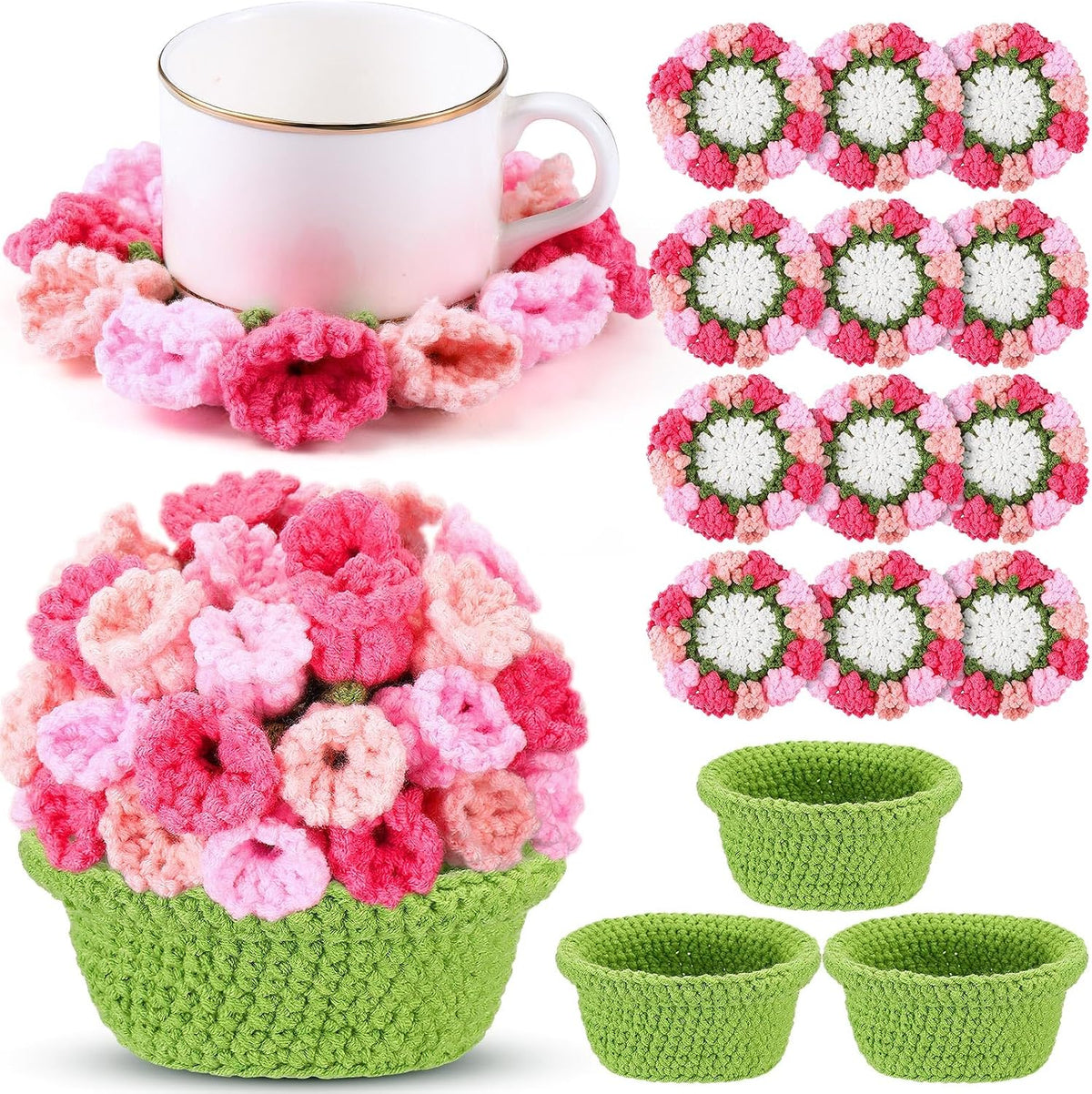 15 Pcs 3D Cute Crochet Flower Coasters Set, Spring Summer Floral Table Coasters with Plant Pot Holder, Soft Decorative Cup Mat, Housewarming Gift(Pink,Lily of the Valley)