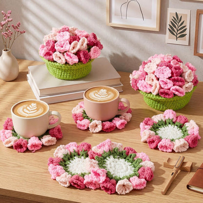 15 Pcs 3D Cute Crochet Flower Coasters Set, Spring Summer Floral Table Coasters with Plant Pot Holder, Soft Decorative Cup Mat, Housewarming Gift(Pink,Lily of the Valley)
