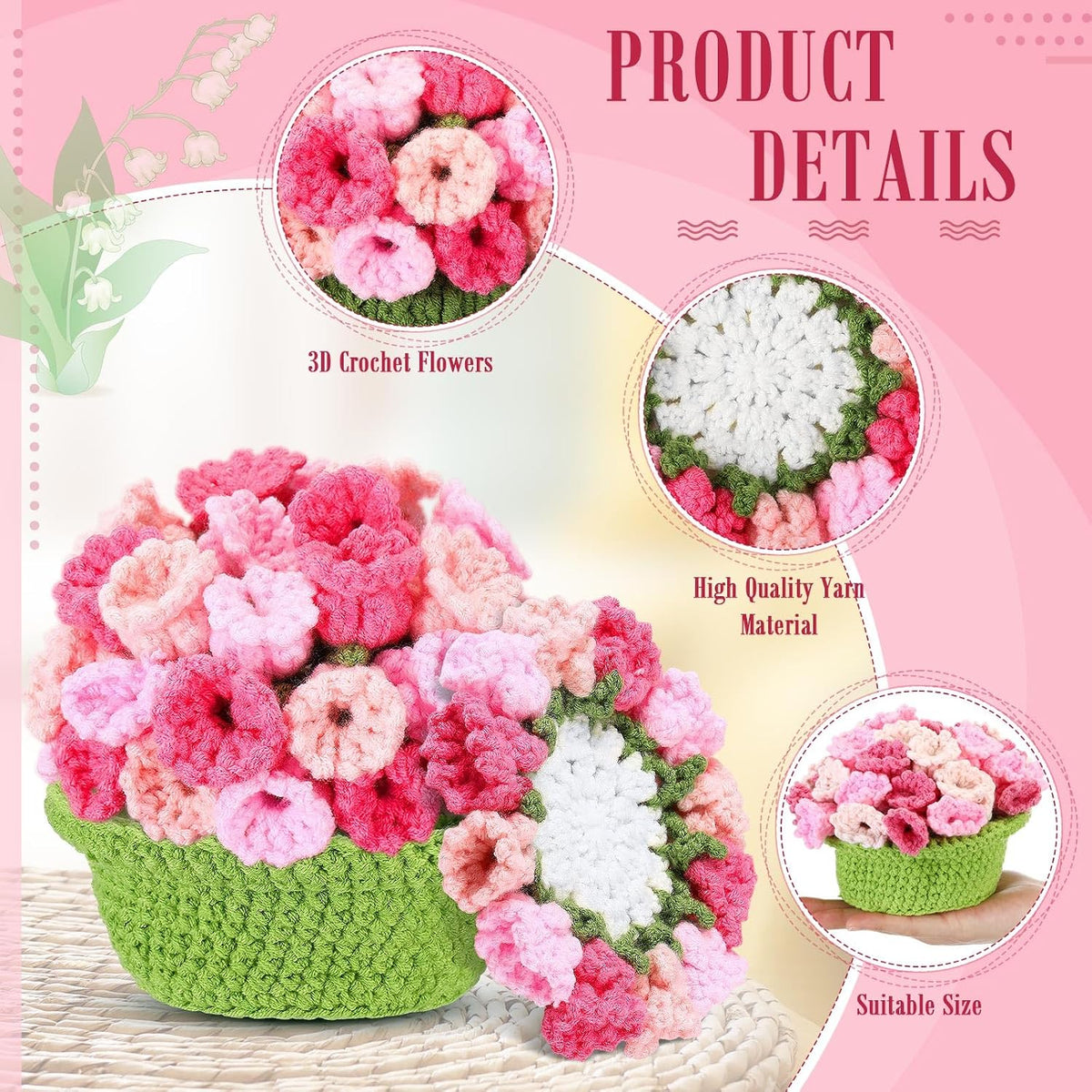 15 Pcs 3D Cute Crochet Flower Coasters Set, Spring Summer Floral Table Coasters with Plant Pot Holder, Soft Decorative Cup Mat, Housewarming Gift(Pink,Lily of the Valley)