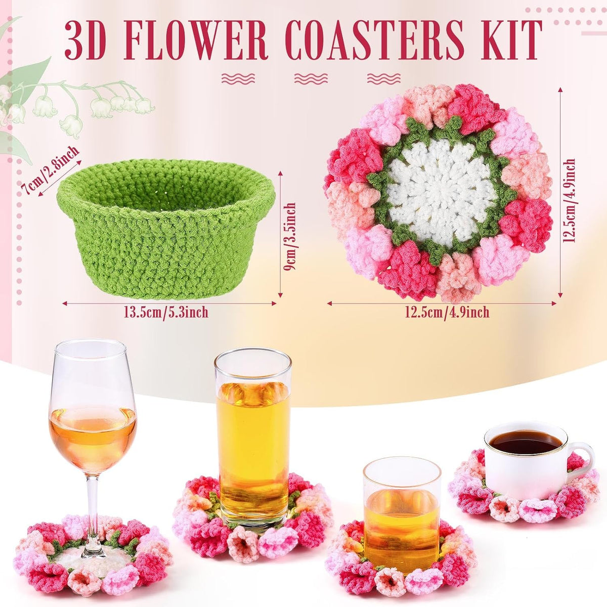 15 Pcs 3D Cute Crochet Flower Coasters Set, Spring Summer Floral Table Coasters with Plant Pot Holder, Soft Decorative Cup Mat, Housewarming Gift(Pink,Lily of the Valley)