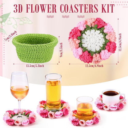 15 Pcs 3D Cute Crochet Flower Coasters Set, Spring Summer Floral Table Coasters with Plant Pot Holder, Soft Decorative Cup Mat, Housewarming Gift(Pink,Lily of the Valley)