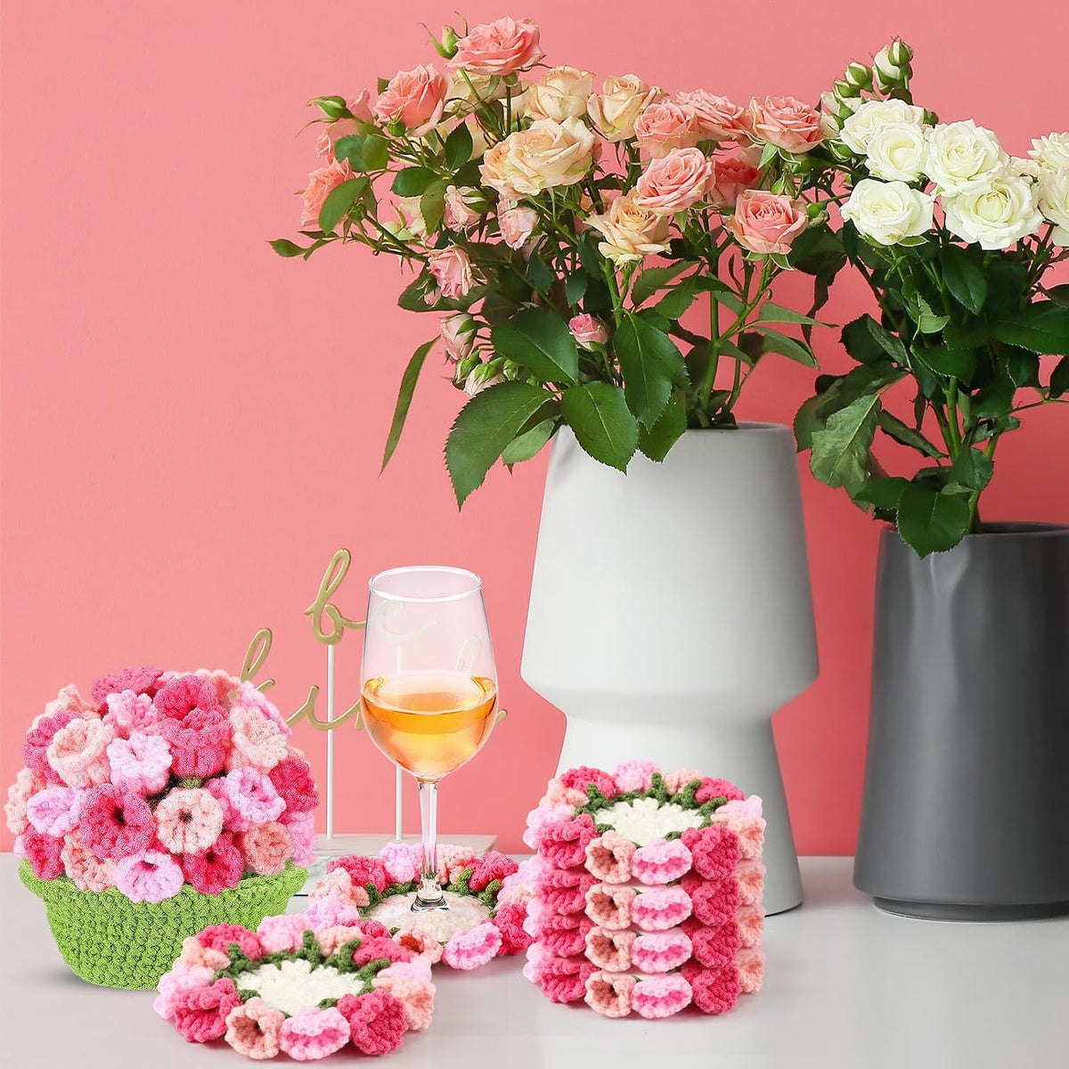 15 Pcs 3D Cute Crochet Flower Coasters Set, Spring Summer Floral Table Coasters with Plant Pot Holder, Soft Decorative Cup Mat, Housewarming Gift(Pink,Lily of the Valley)