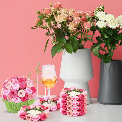 15 Pcs 3D Cute Crochet Flower Coasters Set, Spring Summer Floral Table Coasters with Plant Pot Holder, Soft Decorative Cup Mat, Housewarming Gift(Pink,Lily of the Valley)