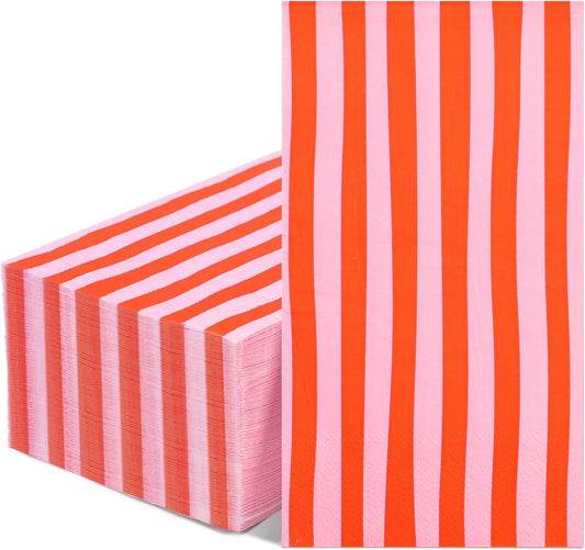 100Pcs Striped Paper Napkins Pink and Red Guest Towels Disposable Hand Towels for Bathroom Wedding Birthday Bridal Baby Shower Home Kitchen Table Decor Supplies