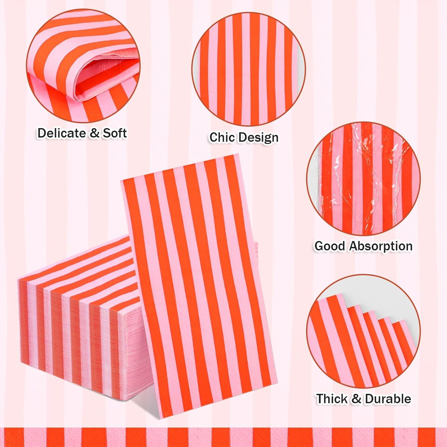 100Pcs Striped Paper Napkins Pink and Red Guest Towels Disposable Hand Towels for Bathroom Wedding Birthday Bridal Baby Shower Home Kitchen Table Decor Supplies
