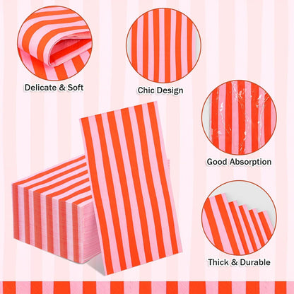100Pcs Striped Paper Napkins Pink and Red Guest Towels Disposable Hand Towels for Bathroom Wedding Birthday Bridal Baby Shower Home Kitchen Table Decor Supplies