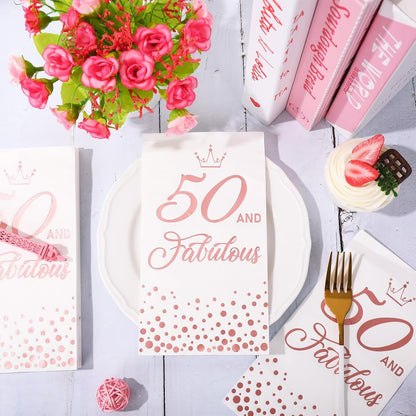 50Pcs 50 and Fabulous Guest Napkins Rose Gold 50th Birthday Disposable Napkins Paper Dinner Hand Towel for Bathroom Women Birthday Party Supplies