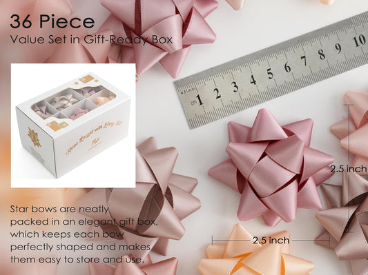 36 Pcs Dusty Rose Bows for Gift Wrapping Self Adhesive Satin Star Bows 2.5 inch Peach/Rose Gold/Rose Pink/Dusty Rose/Vanilla/Mauve Gift Bow for Presents Bridal Shower Wedding Favors