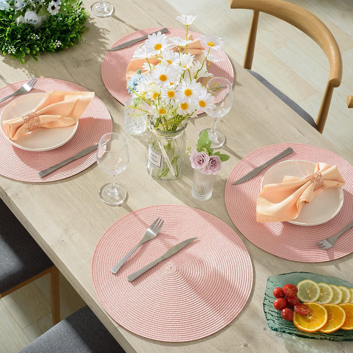 Round Placemats Set of 4 Heat Resistant Washable Non-Slip Woven Braided Table Mats for Dining Table Kitchen & Home Decor (Pink,4)