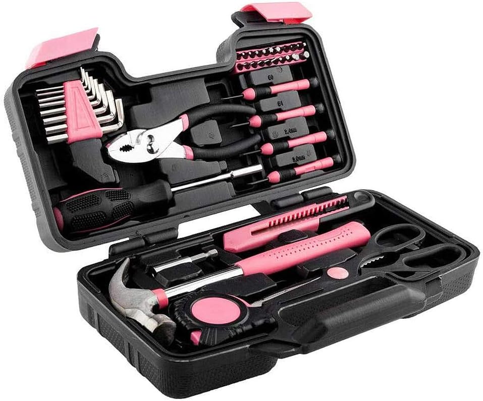 Small Homeowner Tool Set,39 Pieces General Household DIY Repair Hand Tool Kit with Plastic Tool box Storage Case,Household Machinery Repair Kit,Daily Home Maintenance (Pink)